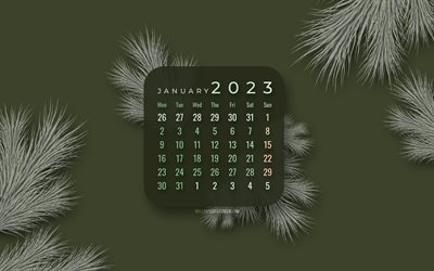 4k, kalender januar 2023, grüne hintergründe, tannenbaum, winterkalender, 2023 konzepte, januar kalender, kreativ, kalender 2023, januar