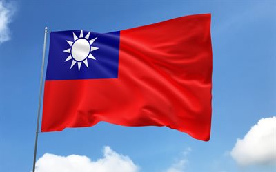 Taiwan flag on flagpole, 4K, Asian countries, blue sky, flag of Taiwan, wavy satin flags, Taiwanese flag, Taiwanese national symbols, flagpole with flags, Day of Taiwan, Asia, Taiwan flag, Taiwan