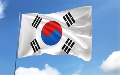 bandeira da coreia do sul no mastro, 4k, países asiáticos, céu azul, bandeira da coreia do sul, bandeiras de cetim onduladas, bandeira sul coreana, símbolos nacionais sul coreanos, mastro com bandeiras, dia da coreia do sul, ásia, coreia do sul