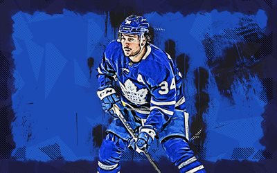 4k, Auston Matthews, grunge art, Toronto Maple Leafs, NHL, hockey, Auston Matthews 4K, blue grunge background, Auston Matthews Toronto Maple Leafs