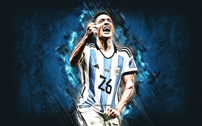 nahuel molina, argentinische fußballnationalmannschaft, argentinischer fußballspieler, verteidiger, katar 2022, tor, porträt, hintergrund aus blauem stein, fußball, argentinien