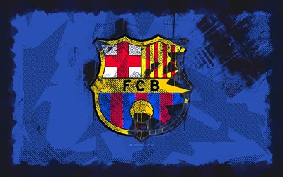 logo grunge du fc barcelone, 4k, grunge art, la ligue, club de foot espagnol, logo du fc barcelone, football, fond grunge bleu, emblème du fc barcelone, fc barcelona, fcb, fc barcelone