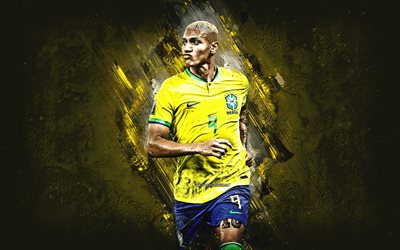 Richarlison, Brazil national football team, Qatar 2022, brazilian soccer player, portrait, yellow stone background, Brazil, football, Richarlison de Andrade