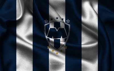4k, cf monterrey logo, blauweißer seidenstoff, mexikanische fußballmannschaft, cf monterrey emblem, liga mx, cf monterrey, mexiko, fußball, cf monterrey flagge