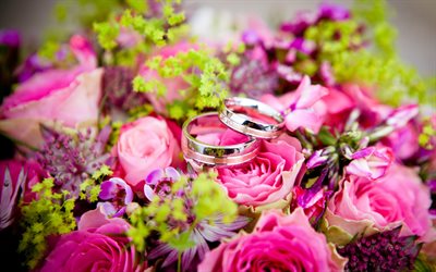 des fleurs, des anneaux de mariage, bouquet