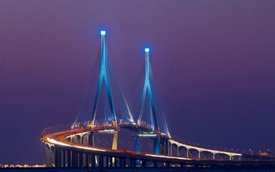 Incheon Köprüsü, gece ışıkları, song do, Güney Kore, Asya