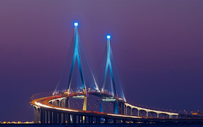 Incheon Köprüsü, gece ışıkları, song do, Güney Kore, Asya