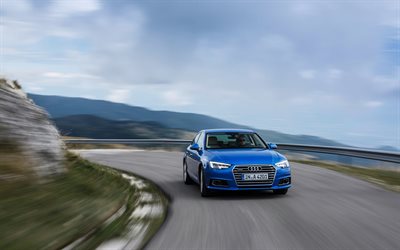 Audi A4, 2017, mavi Audi, serpantin road, hız