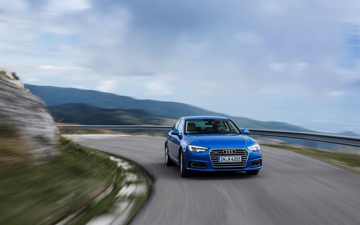 Audi A4, 2017, bleu Audi, route serpentine, la vitesse