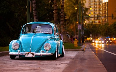 Volkswagen Beetle, 4k, retro arabalar, sokak, eski Beetle, Volkswagen