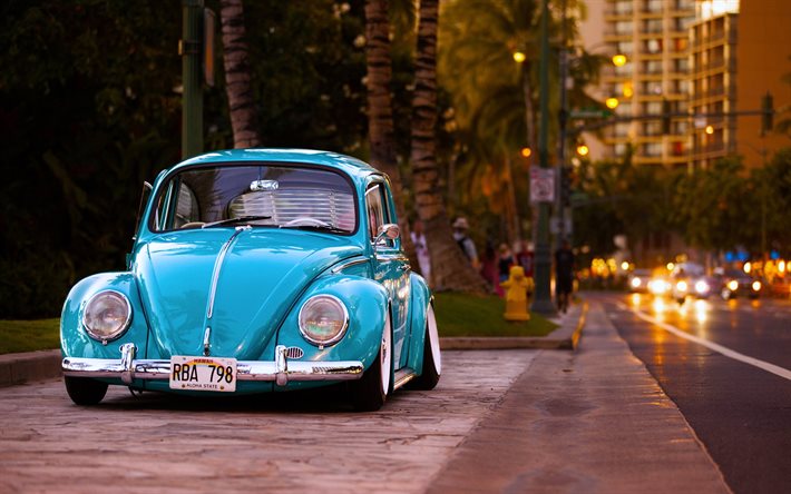 Volkswagen Beetle, 4k, retro arabalar, sokak, eski Beetle, Volkswagen