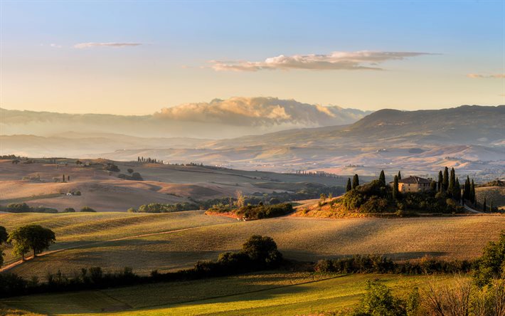 Toscana, alanlar, tepeler, çayır, Gün batımı, bulutlar, Italy