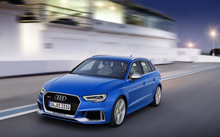 Audi RS3 A5, yol, 2018 araba, hareket, mavi rs3, Audi'nin