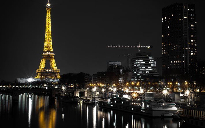 France, piers, night, river, embankment, Eiffel Tower, Paris