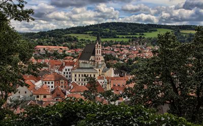 Czech Republic, town, hills, summer, clouds