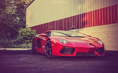 aparcamiento, 2015, Lamborghini Aventador LP700-4, supercars, en efecto, rojo Aventador