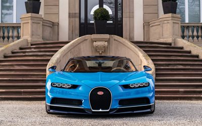 castle, supercars, 2017, Bugatti Chiron, front view, blue Bugatti
