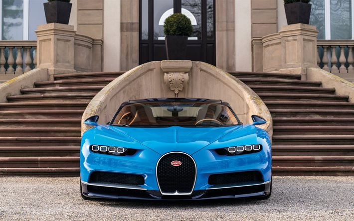 castle, supercars, 2017, Bugatti Chiron, front view, blue Bugatti