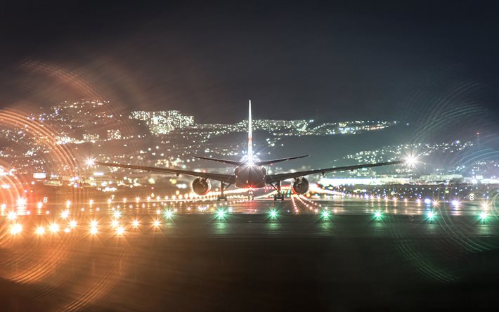 landung, boeing 777, pairport, landebahn, beleuchtung, assenger flugzeug