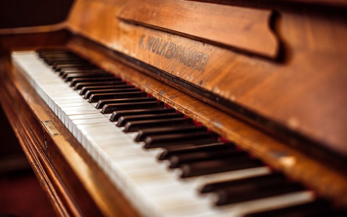 viejo piano, piano de cola, las teclas del piano, piso de madera