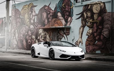 supercars, graffiti, 2016, Lamborghini Huracan, LP610-4, blanco de Huracan, Lamborghini