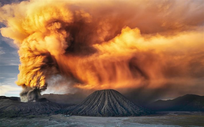 vulcões, ilhas java, fumaça, indonésia, cinzas vulcânicas, java, bromo, complexo vulcânico de tanger