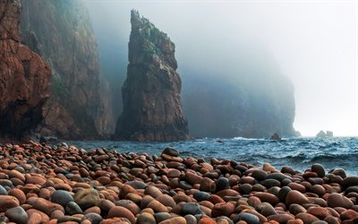 Fog, coast, sea, waves, rocks, stones