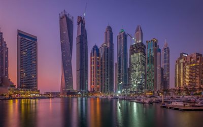 Dubai, sinset, bay, skyscrapers, pier, UAE