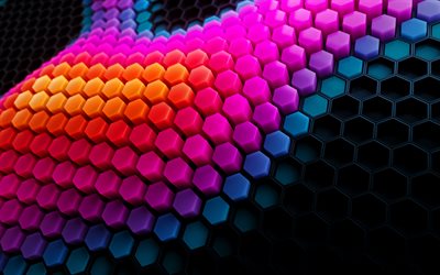 hexagons 3D backround, 4k, geometry, 3D waves, colorful hexagons, 3D textures, 3D hexagons, honeycombs patterns, background with hexagons, geometric shapes, hexagons patterns, geometric patterns, honeycombs
