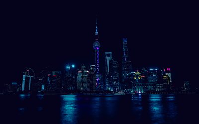 shanghai, 4k, paesaggi urbani di skyline, paesaggi notturni, riflessione, città cinesi, cina, grattacieli, asia, panorama di shanghai, paesaggio urbano di shanghai