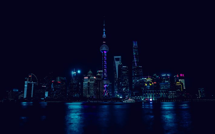 xangai, 4k, paisagens da cidade do horizonte, nightscapes, reflexão, cidades chinesas, china, arranha  céus, ásia, panorama de xangai, paisagem urbana de xangai