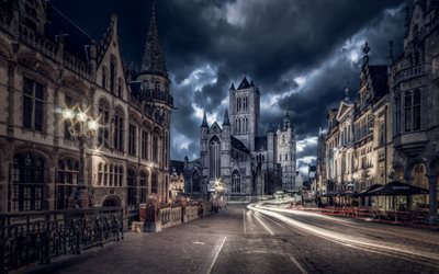 belgien, nacht, alte architektur, kirche, wolken