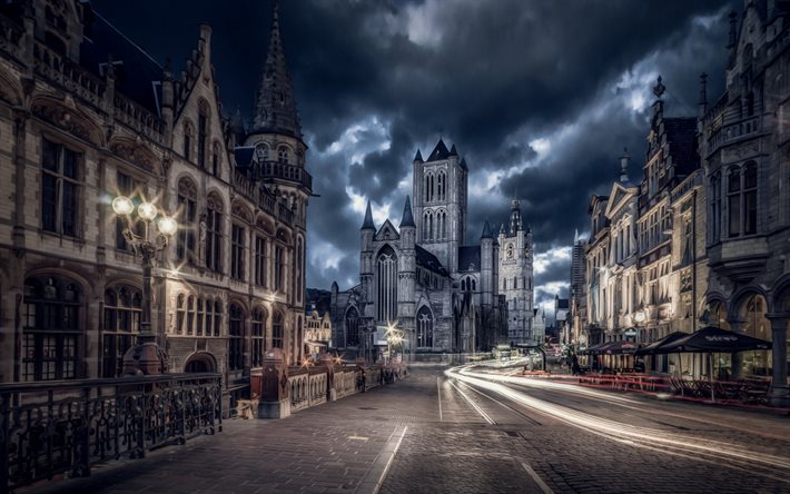 벨기에, 밤, 고대 건축, 교회, 구름