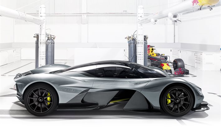 garage, 2018, Aston Martin-Red Bull AM-RB 001, side view, supercars, racing cars