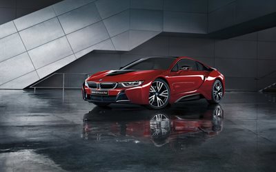 BMW i8, Protonic rouge, supercars, studio, rouge i8