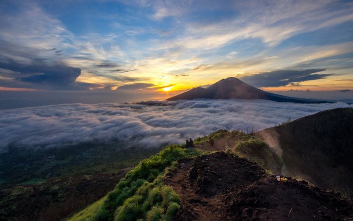 Mount Batur, sunset, 4k, clouds, mountains