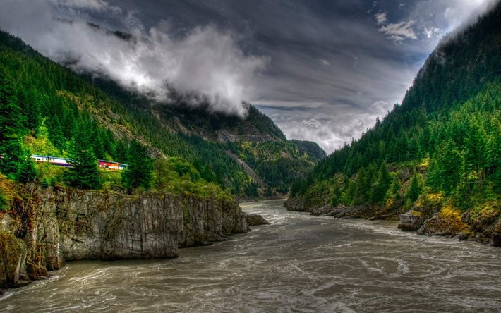 El Río Fraser, rocas, hdr, montañas, Columbia Británica, Canadá