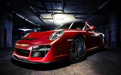 Porsche 911 Turbo, süper, otopark, sportcars, kırmızı Porsche