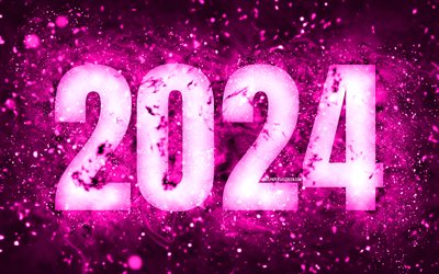 4k, 새해 복 많이 받으세요 2024, 자주색 네온 조명, 2024 개념, 2024 새해 복 많이 받으세요, 네온 예술, 창의적인, 2024 자주색 배경, 2024 년, 2024 자주색 숫자
