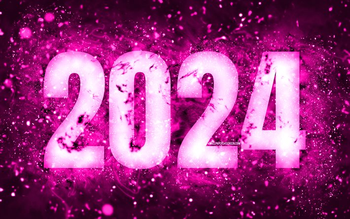 4k, 明けましておめでとう2024, 紫色のネオンライト, 2024概念, 2024年明けましておめでとうございます, ネオンアート, クリエイティブ, 2024紫色の背景, 2024年, 2024紫色の数字