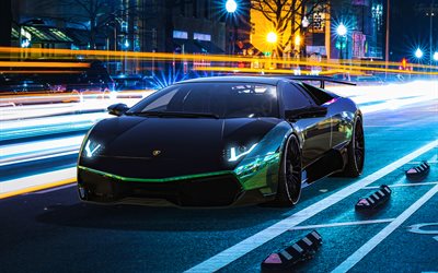 Lamborghini Murcielago, 4k, supercars, tuning, traffic lights, hypercars, italian cars, night, Lamborghini