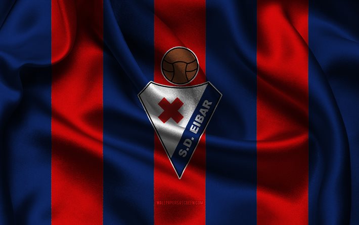 4k, sd eibar logo, blauer roter seidenstoff, spanische fußballmannschaft, sd eibar emblem, segunda division, sd eibar, spanien, fußball, sd eibar flag, eibar fc