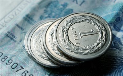 البولندية zloty, عملات معدنية, 1 عملة زلوتي, العملة البولندية, بلن, خلفية مع العملات المعدنية, بولندا, مال, زلوتي