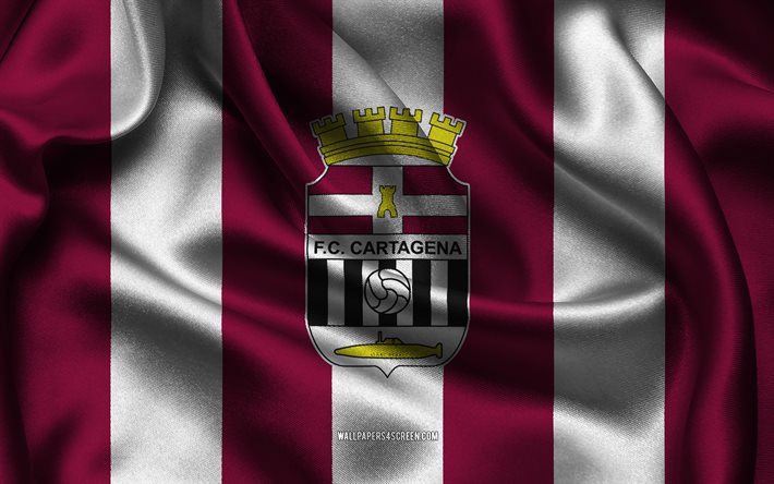 4k, fc cartagena surullinen logo, viininpunainen valkoinen silkkikangas, espanjan jalkapallojoukkue, fc cartagena surullinen tunnus, fc cartagena surullinen, kilpa  sander, espanja, jalkapallo, fc cartagena surullinen lippu