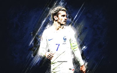 antoine griezmann, squadra di calcio nazionale francese, calciatore francese, sfondo di pietra blu, calcio, francia