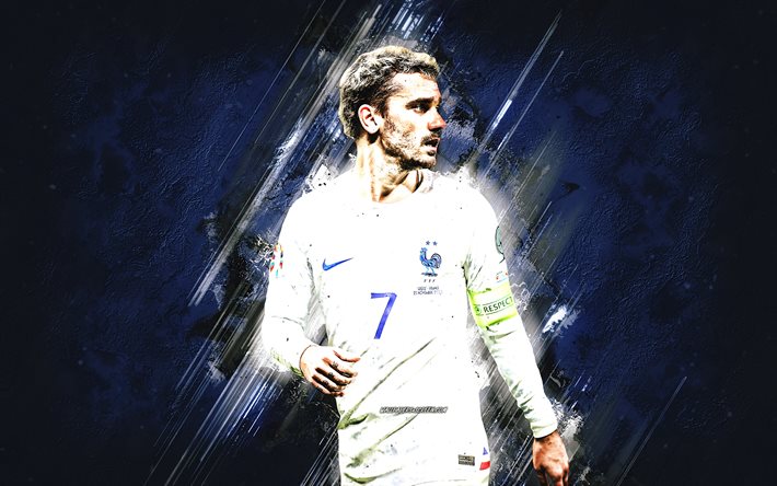 antoine griezmann, frankrikes nationella fotbollslag, fransk fotbollsspelare, blå stenbakgrund, fotboll, frankrike