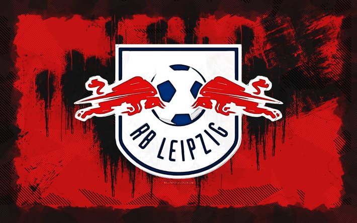 rb leipzig grunge logo, 4k, bundesliga, fundo vermelho grunge, futebol, emblema de rb leipzig, logotipo rb leipzig, rb leipzig, clube de futebol alemão, rb leipzig fc