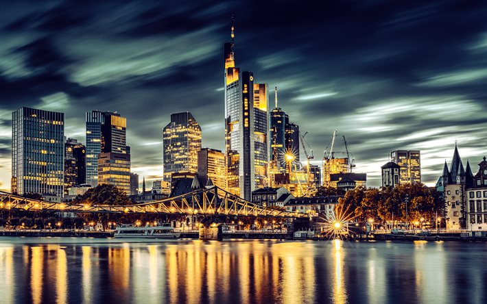 frankfurt am main, 4k, handelstorn, nattskapskap, moderna byggnader, tyska städer, skyskrapor, frankfurt är huvudstadsbilden, tyskland, europa, frankfurt på natten