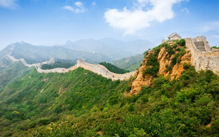 Great Wall, 4k, orman, dağ, Çin