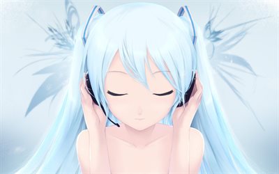 Hatsune Miku, headphones, blue hair, Vocaloid